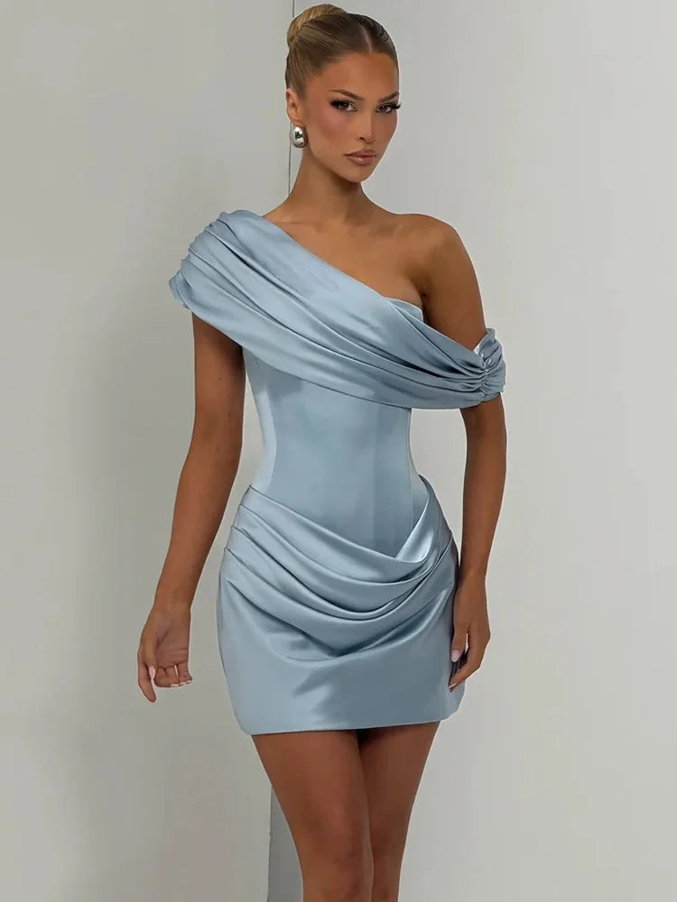 Satin Off-Shoulder Draped Corset Mini Dress