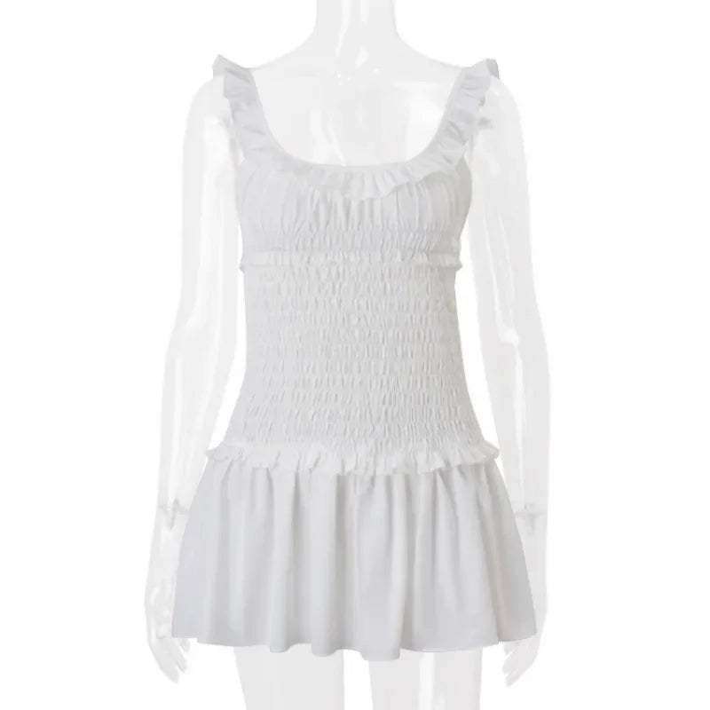 White Pleated Halter Backless Mini Dress