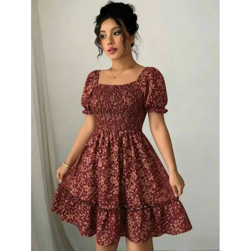 Women’s French Floral Puff Sleeve Mini Dress
