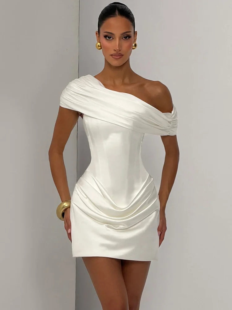 Satin Off-Shoulder Draped Corset Mini Dress