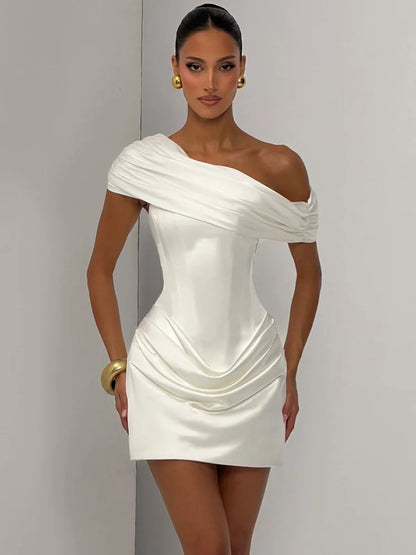 Satin Off-Shoulder Draped Corset Mini Dress