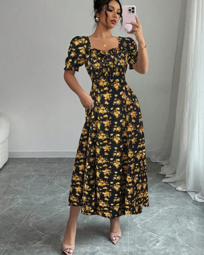 Floral Shirred Midi Dress – Short Bubble Sleeve