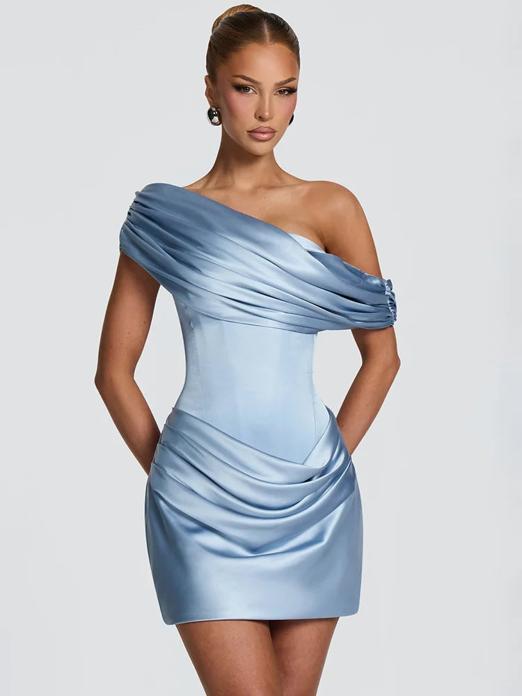 Satin Off-Shoulder Draped Corset Mini Dress