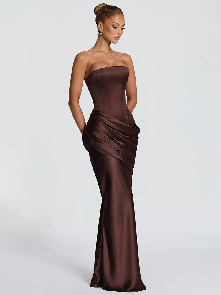 Satin Ruched Fishtail Maxi Dress