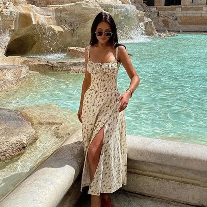 Sexy Floral Corset Midi Dress – High Waist Summer Sundress