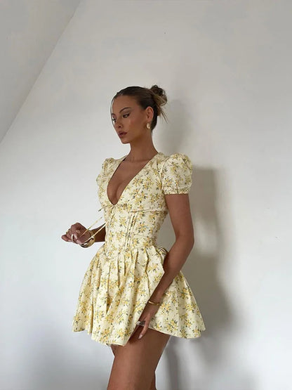 Floral Yellow Puff Sleeve Mini Dress