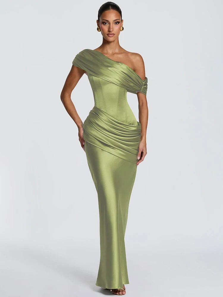 Satin Ruched Fishtail Maxi Dress