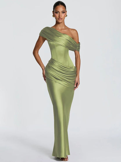 Satin Ruched Fishtail Maxi Dress