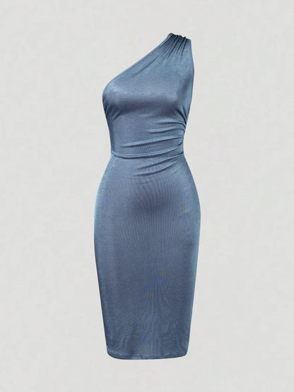 Elegant Light Blue One-Shoulder Bodycon Dress
