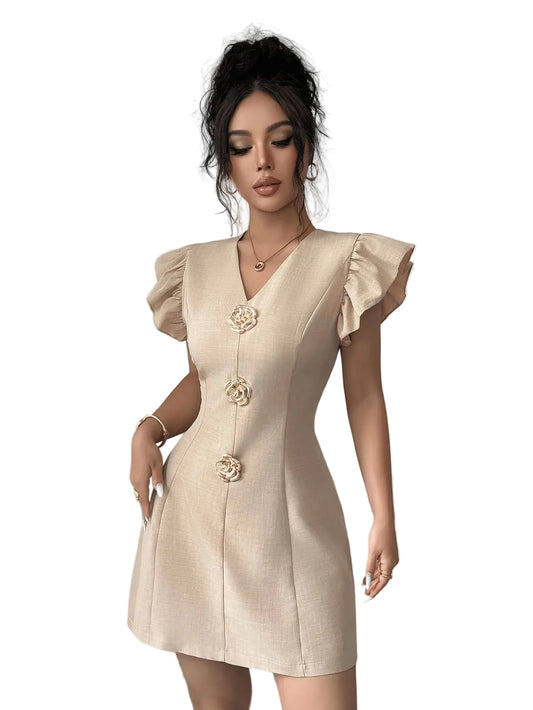 Women's V-Neck Mini Dress with Metal Buttons – Elegant Slim Fit