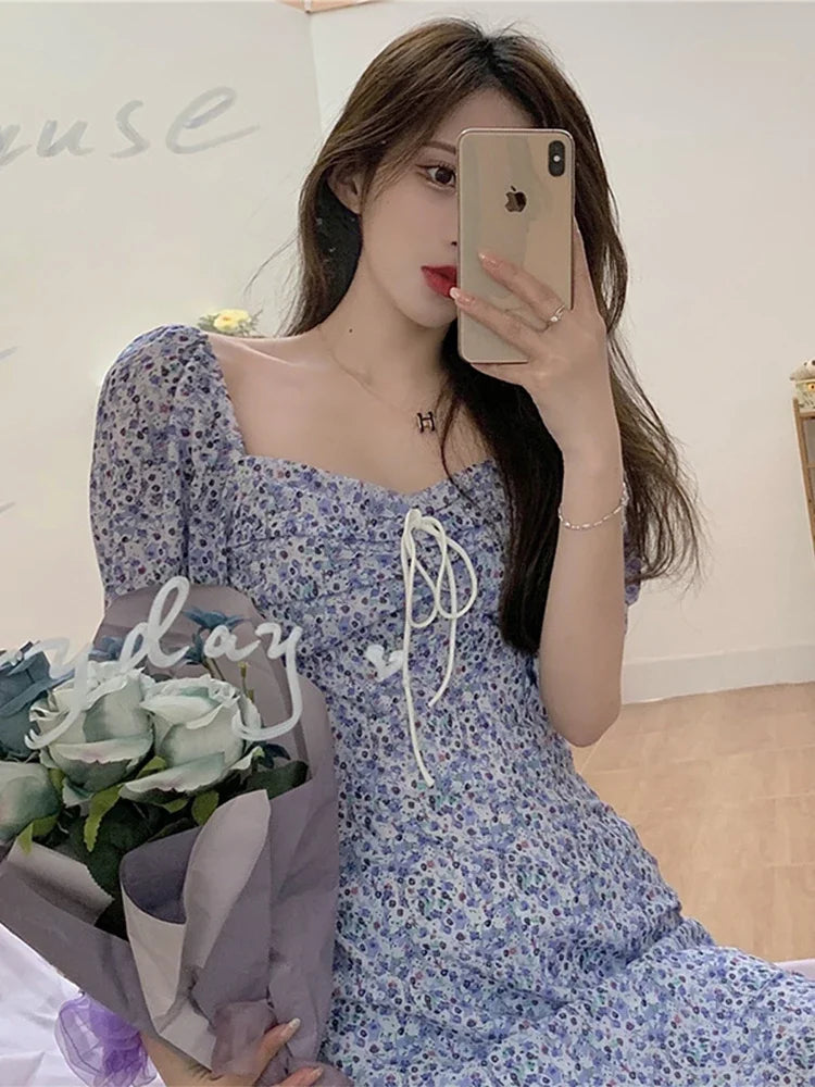 Women's Boho Floral Puff Sleeve Mini Dress