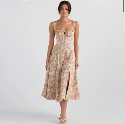 Sexy Floral Corset Midi Dress – High Waist Summer Sundress