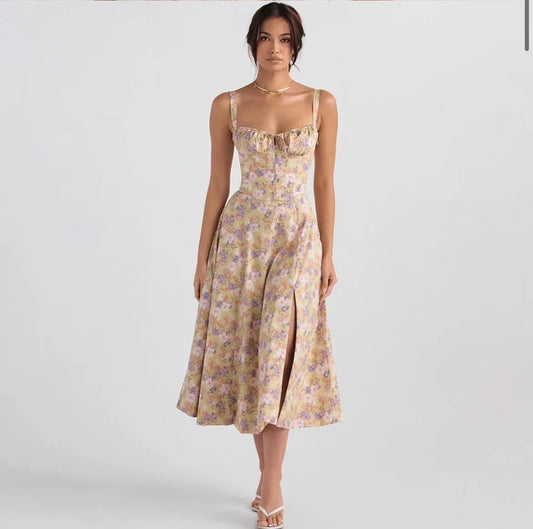 Sexy Floral Corset Midi Dress – High Waist Summer Sundress