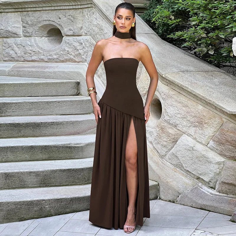 Elegant Strapless Backless Split Maxi Dress