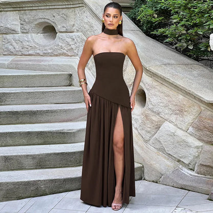 Elegant Strapless Backless Split Maxi Dress
