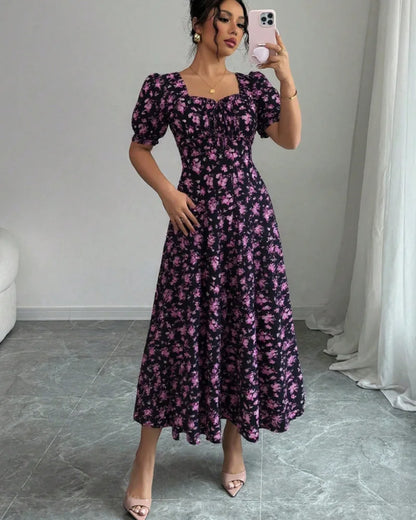 Floral Shirred Midi Dress – Short Bubble Sleeve