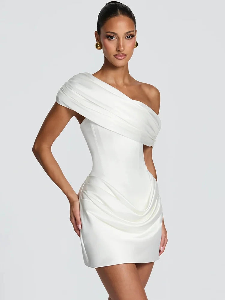 Satin Off-Shoulder Draped Corset Mini Dress