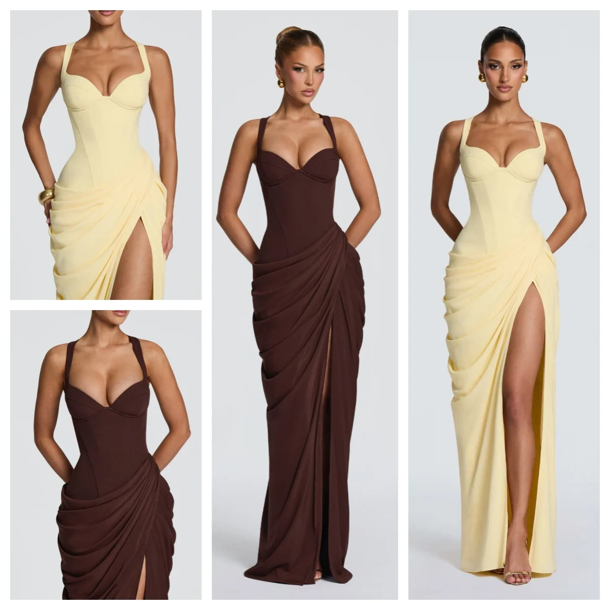 French Pleated Open-Back Slit Maxi Dress