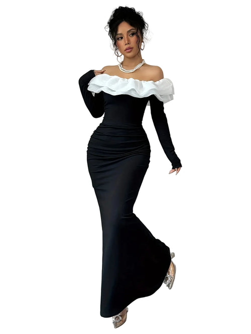 Elegant Off-Shoulder Color Block Maxi Dress