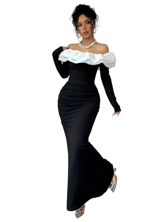 Elegant Off-Shoulder Color Block Maxi Dress