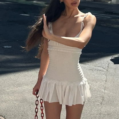 White Pleated Halter Backless Mini Dress