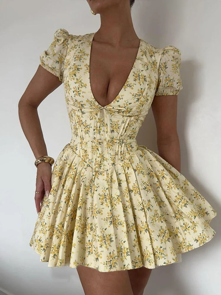 Floral Yellow Puff Sleeve Mini Dress