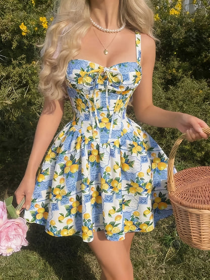French Floral Belted A-Line Mini Dress