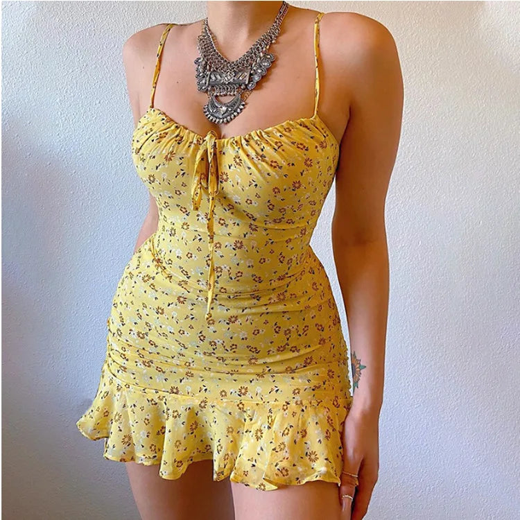Floral Print Lace-Up Ruffle Mini Dress