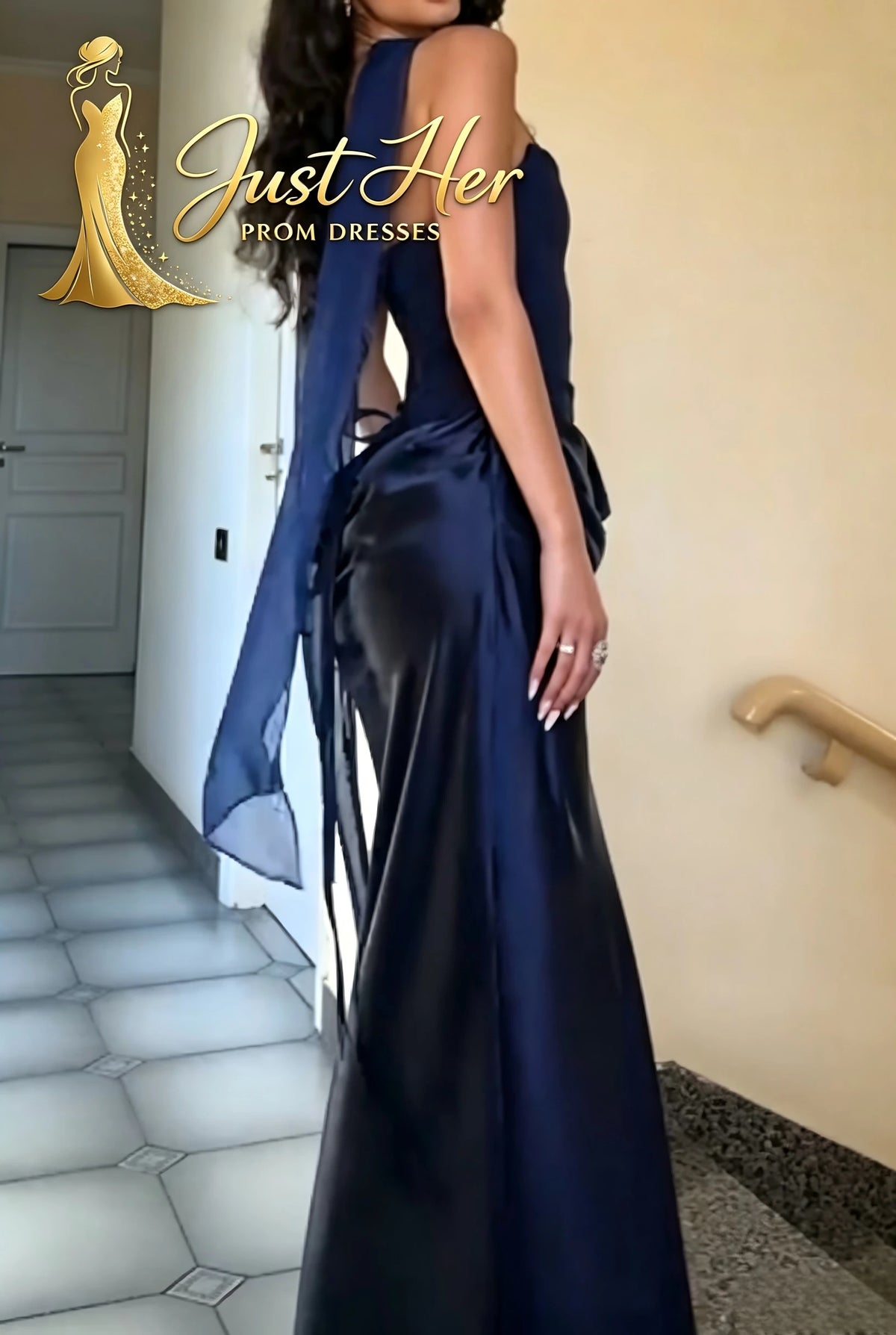 Navy Blue Strapless Satin Evening Gown