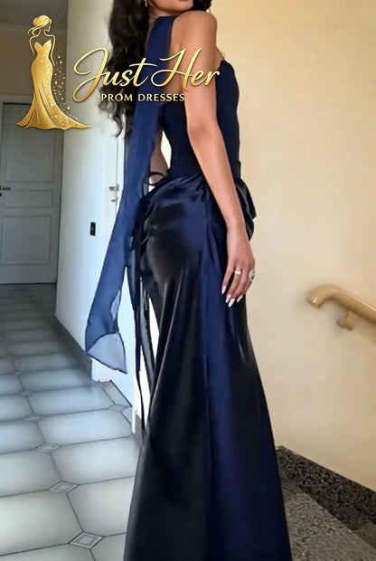 Navy Blue Strapless Satin Evening Gown