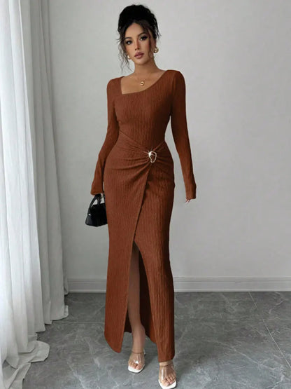 Textured Knit Midi Dress – Slim Fit & Elegant Style