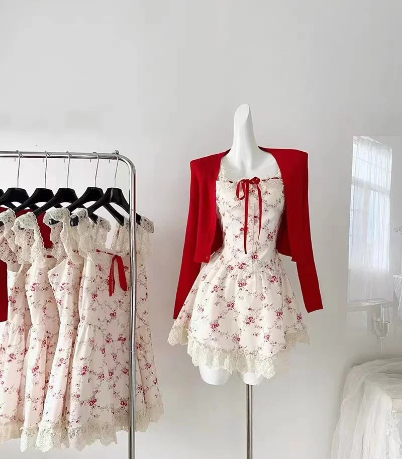 Women’s Red Floral Mini Dress & Cardigan Set