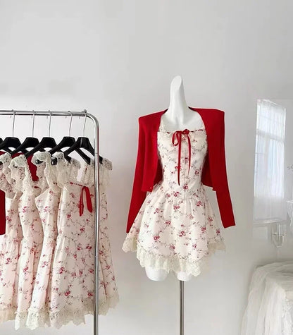 Women’s Red Floral Mini Dress & Cardigan Set