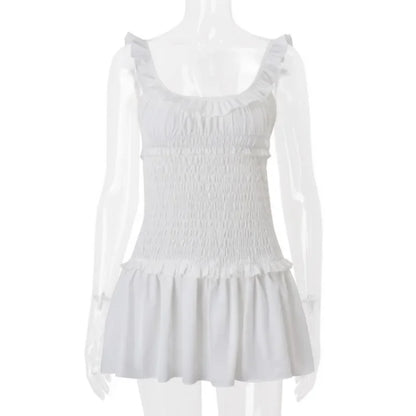 White Pleated Halter Backless Mini Dress