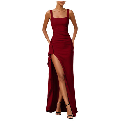 Elegant Square Neck High-Slit Maxi Dress