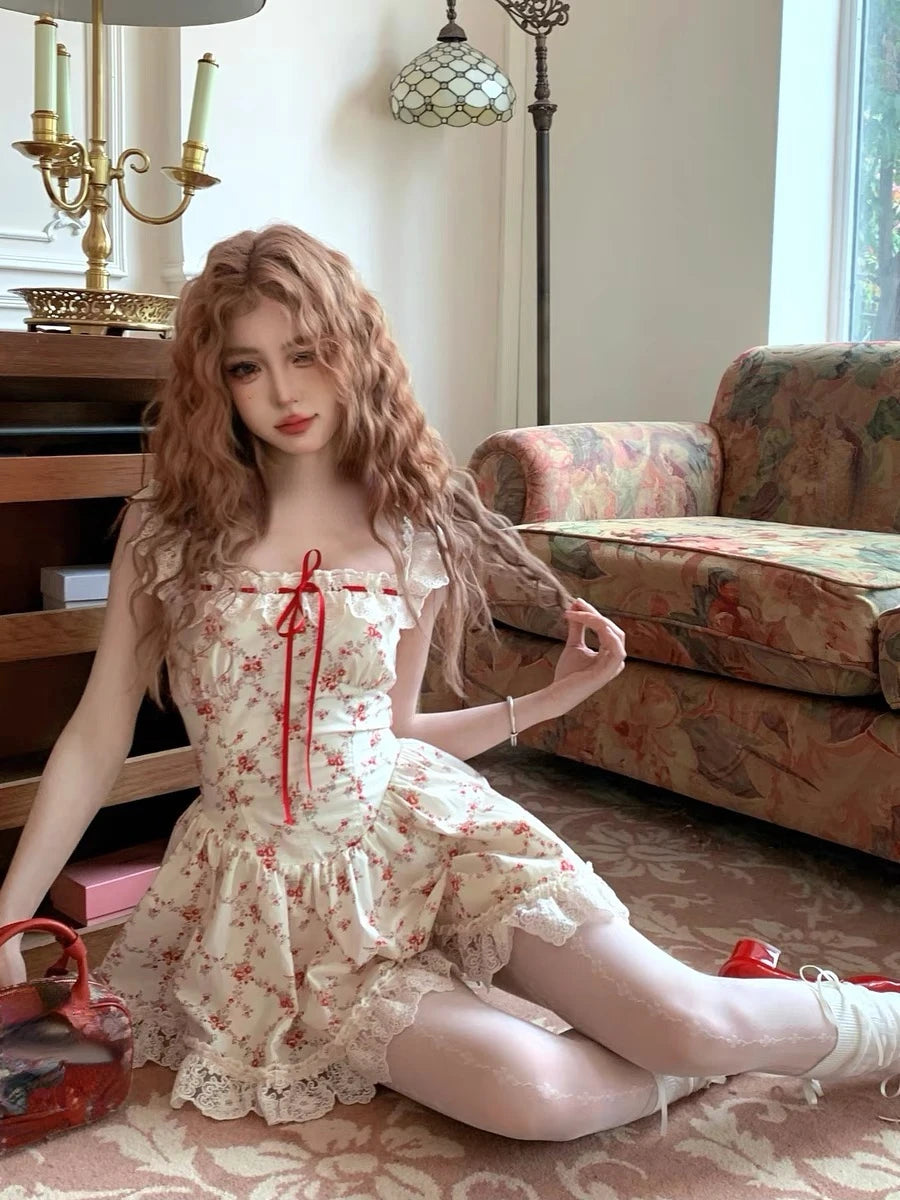 Women’s Red Floral Mini Dress & Cardigan Set