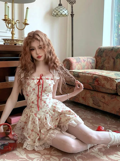 Women’s Red Floral Mini Dress & Cardigan Set