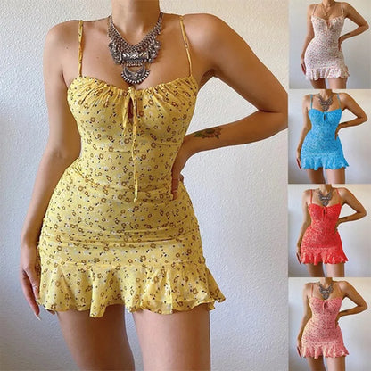 Floral Print Lace-Up Ruffle Mini Dress