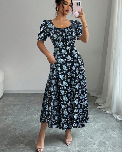 Floral Shirred Midi Dress – Short Bubble Sleeve