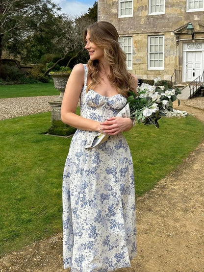 Sexy Floral Corset Midi Dress – High Waist Summer Sundress