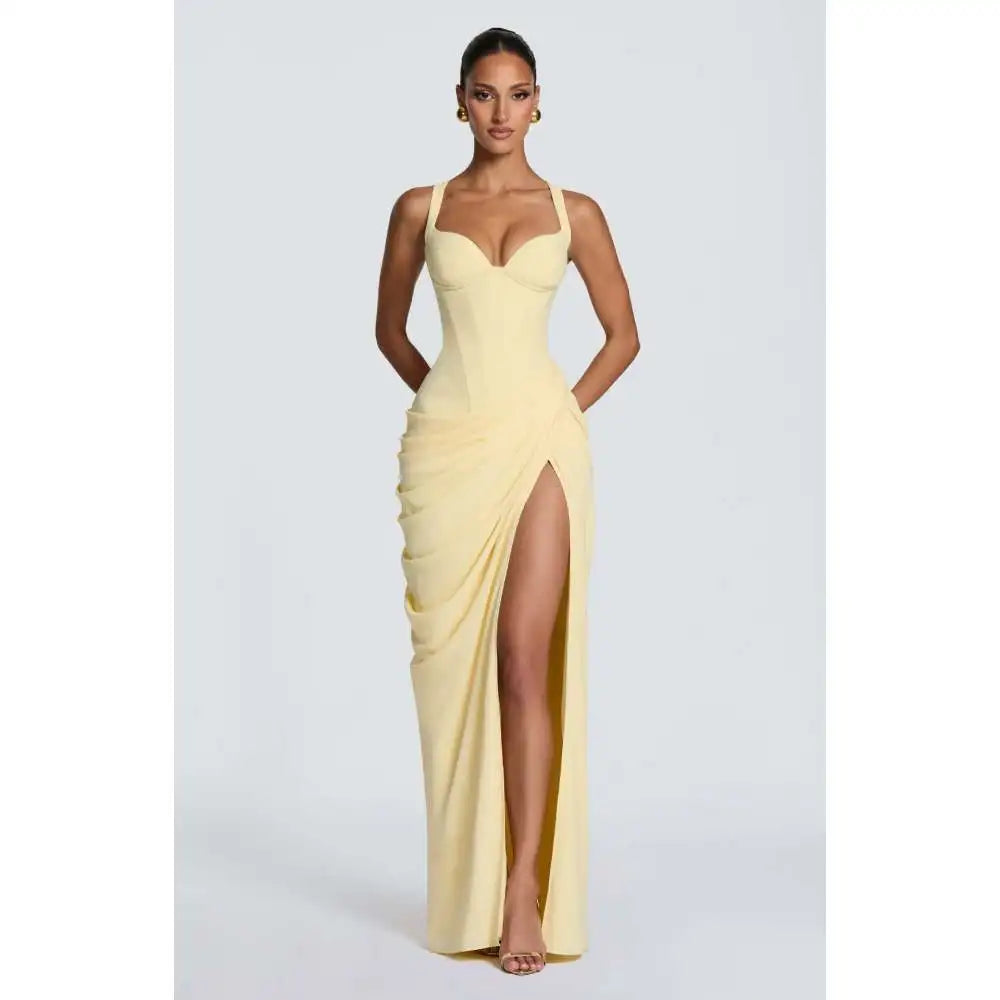 French Pleated Open-Back Slit Maxi Dress