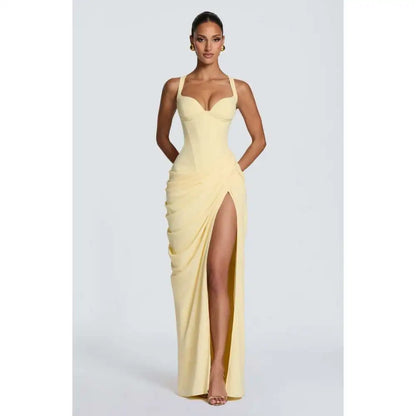 French Pleated Open-Back Slit Maxi Dress
