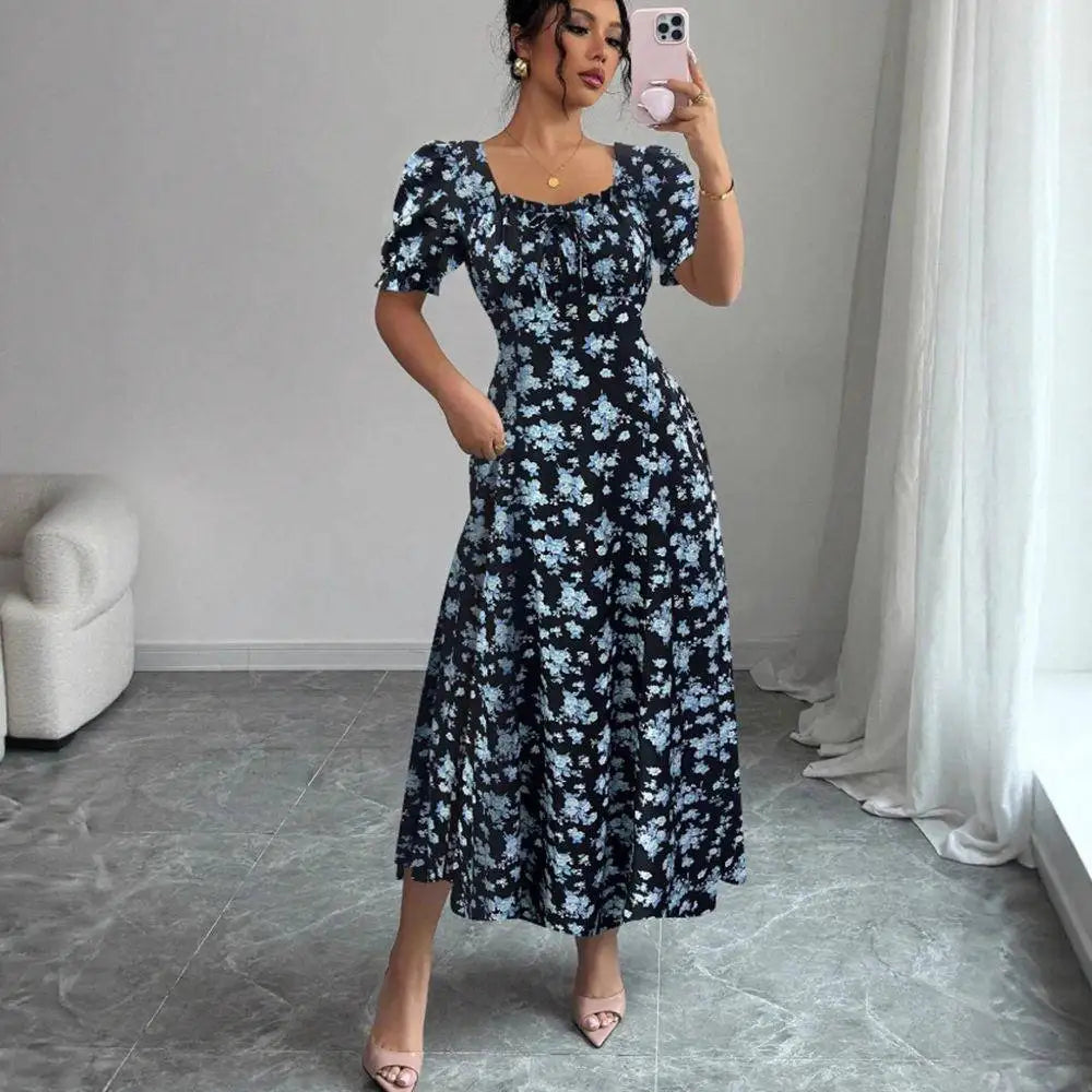 Floral Shirred Midi Dress – Short Bubble Sleeve