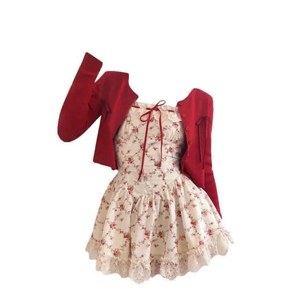 Women’s Red Floral Mini Dress & Cardigan Set