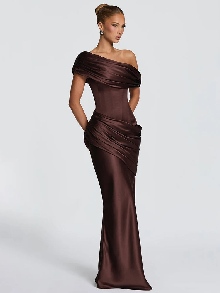 Satin Ruched Fishtail Maxi Dress