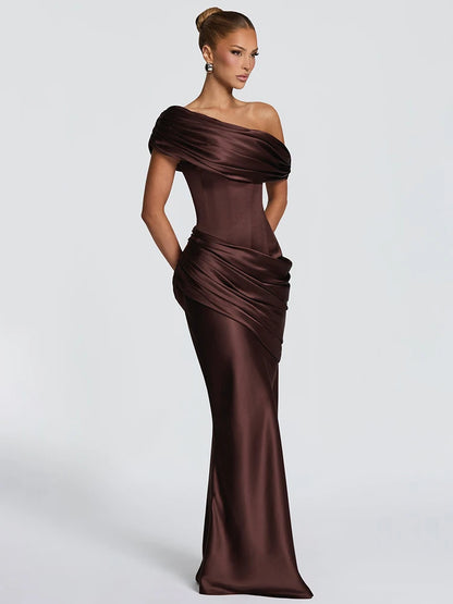 Satin Ruched Fishtail Maxi Dress