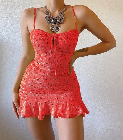 Floral Print Lace-Up Ruffle Mini Dress