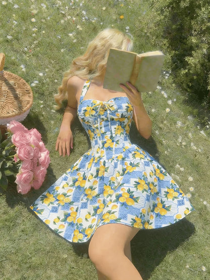 French Floral Belted A-Line Mini Dress
