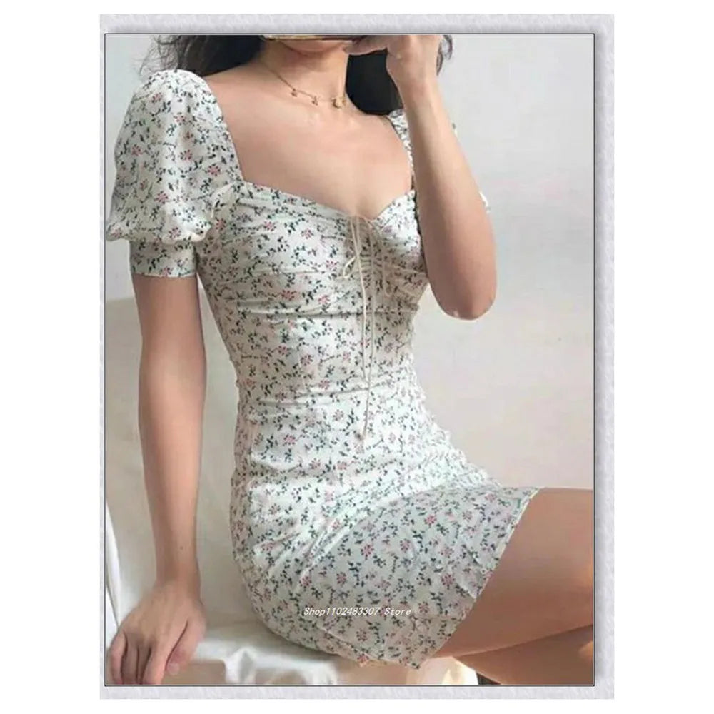 Women's Boho Floral Puff Sleeve Mini Dress