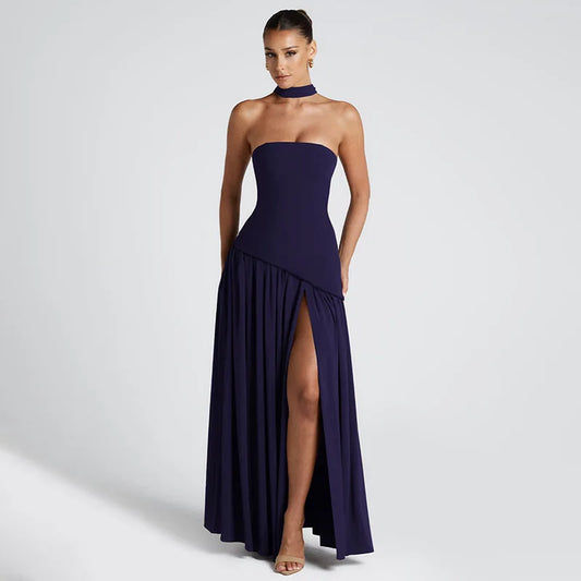 Elegant Strapless Backless Split Maxi Dress